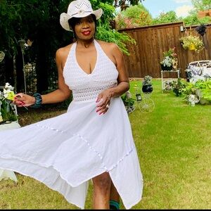 Bohemian White Halter Top Crochet‎ Dress